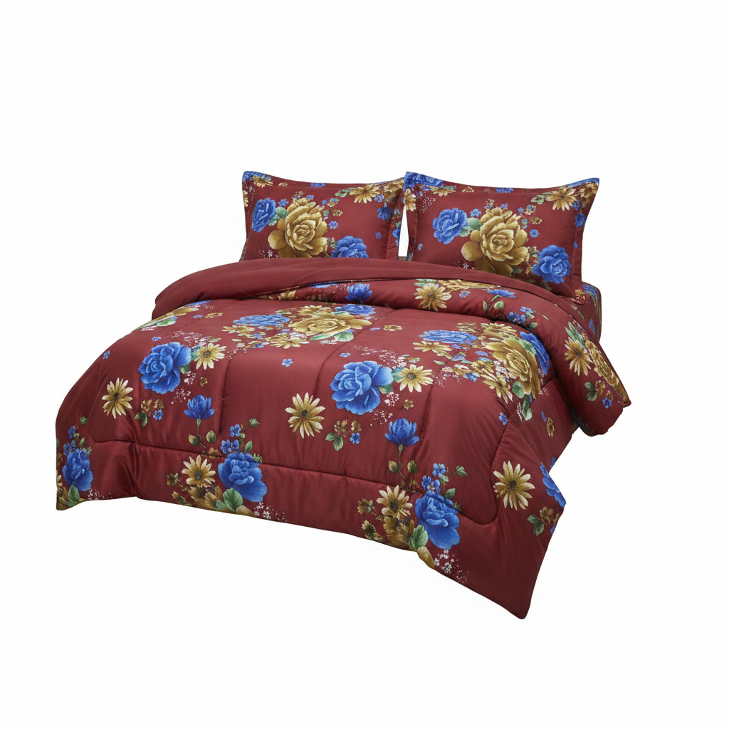 Floral Comforter Bedding Set | 5x6 | Blue & Gold Roses | Soft & Warm - Burgundy Red