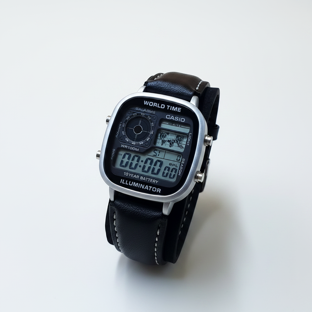 Casio AE-1200WHD World Time Illuminator Digital Wristwatch - Black Leather Strap
