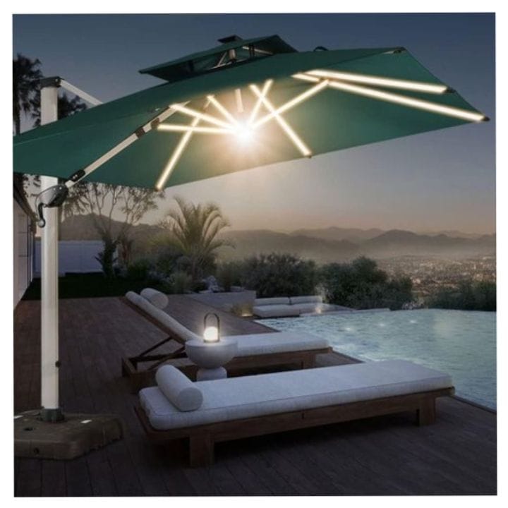 Adjustable Umbrella (cavas material) with stand, Base and solar lights