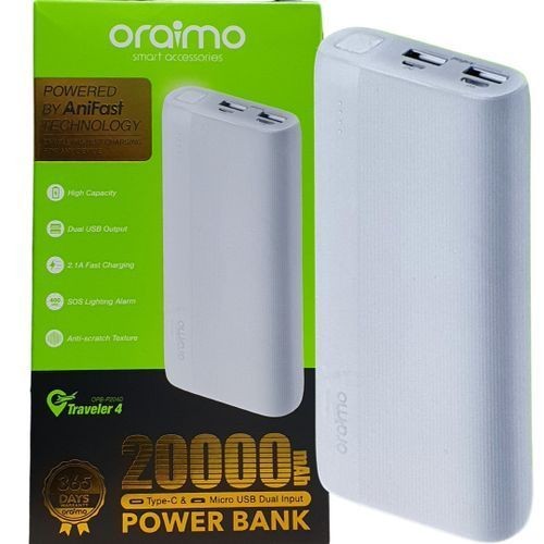 Oraimo Traveler 4 20000mAh 2.1A Triple Ports Fast Charging LED Power With Torch - White