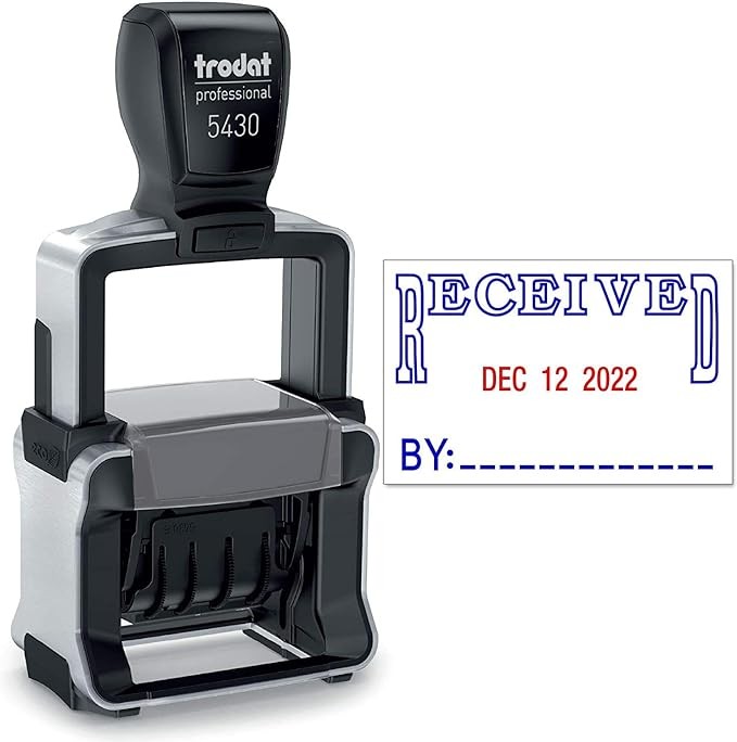 Trodat 5430 Heavy Duty Dater, Month Day Year Format, with Interchangeable Premade Die Plates Red Date and Red Text