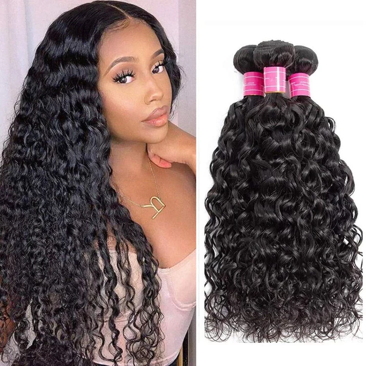 Raw Malaysian Water Wave Grade 15A Human Hair, Color 1B Natural, 3 bundles/package