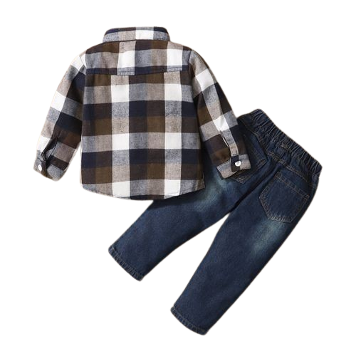1-6Y Kid Boys Clothes Set Long Sleeves Classic Plaid Shirt Ripped Denim Pants