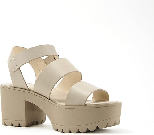 Soda ACCOUNT ~ Women Open Toe Two Bands Lug sole Fashion Block Heel Sandals with Adjustable Ankle Strap