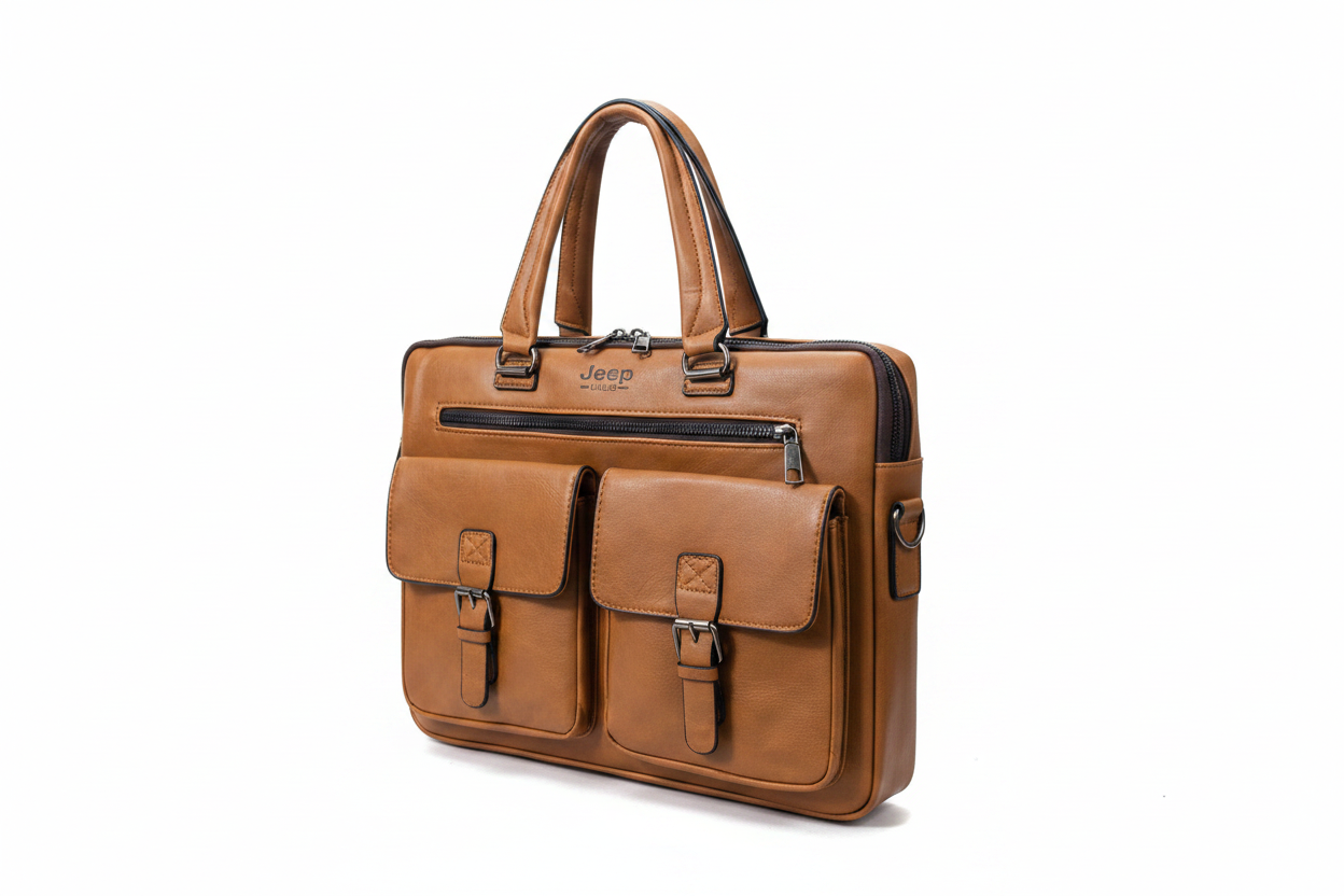 Jeep Brand Men's Tan Leather Briefcase Bag with Square Pockets