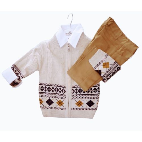 Boys Designer 3 Piece Set Shirt Jumper & Trousers - White & Brown