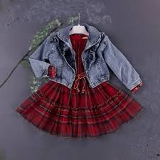 2 in 1 Girls Special Occasion Dress + A Jean Coat - Red