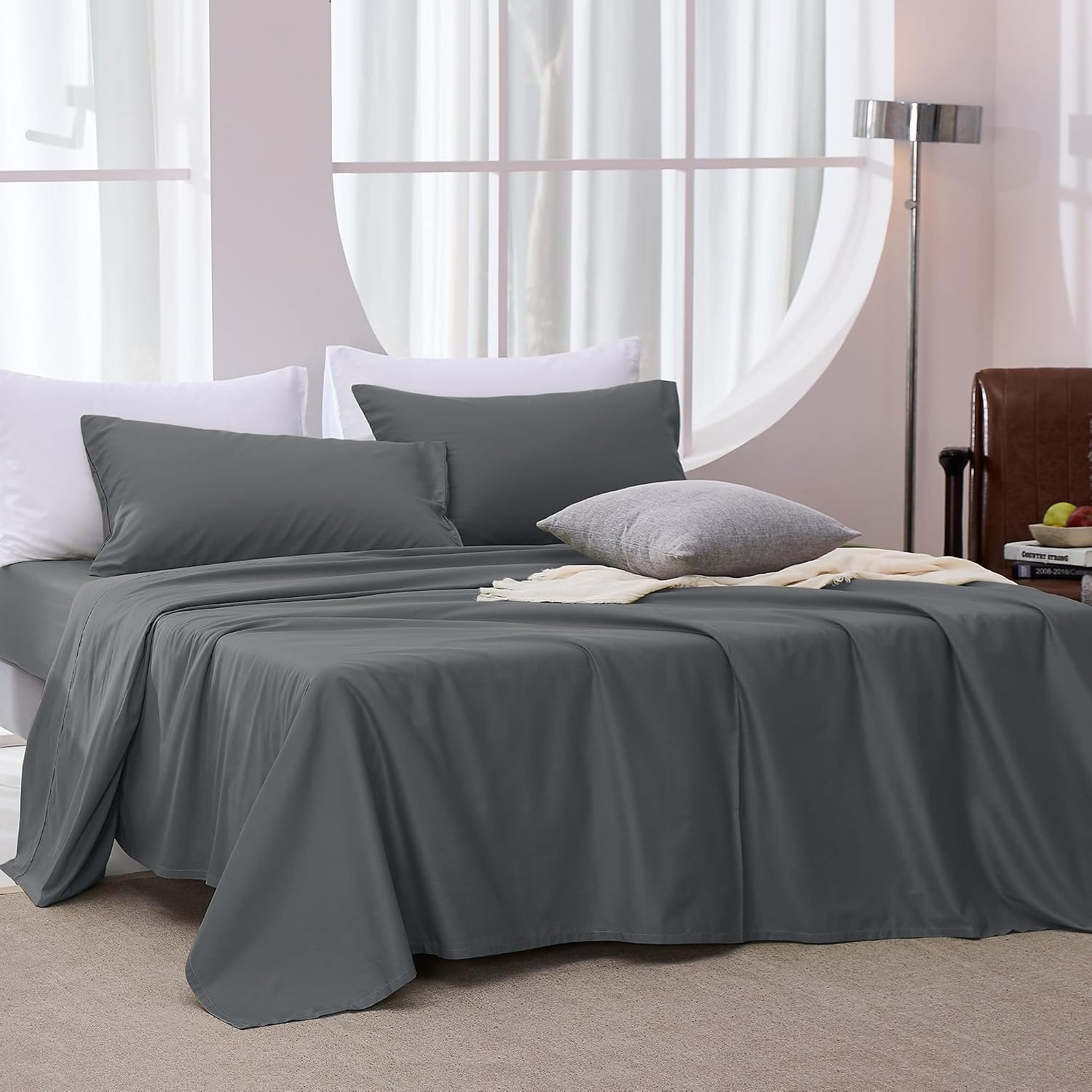 Cotton Bed Sheet Set - King - 4 Piece - Gray