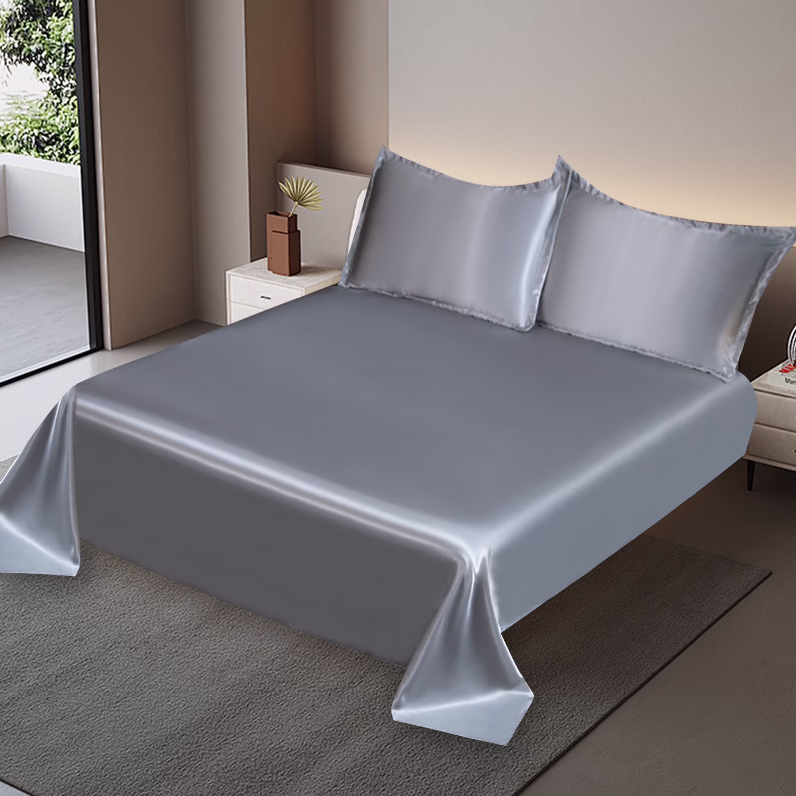 Ice Silk Bed Sheet Set - Double - Gray