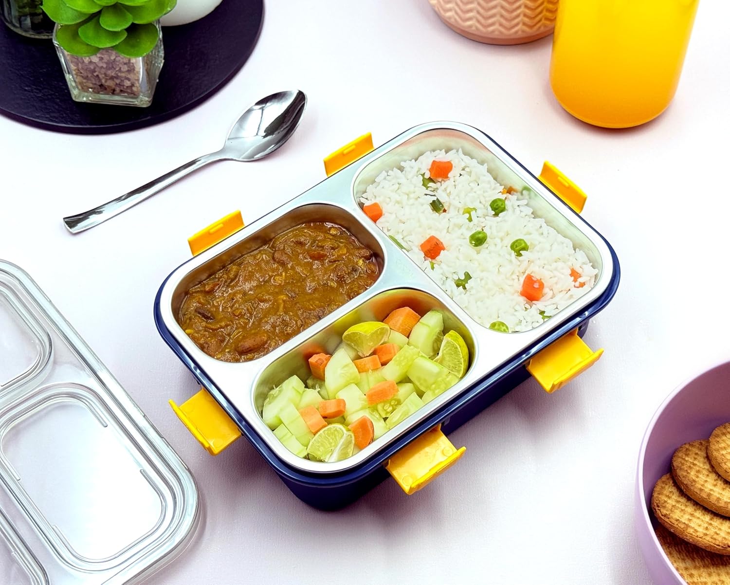 Lunch Box - Steel - 3 Compartment - Blue