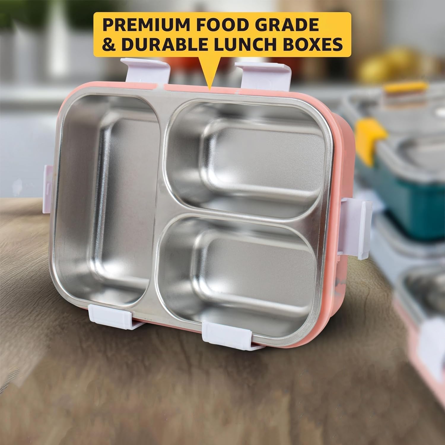 Lunch Box - Steel - 3 Compartment - Pink