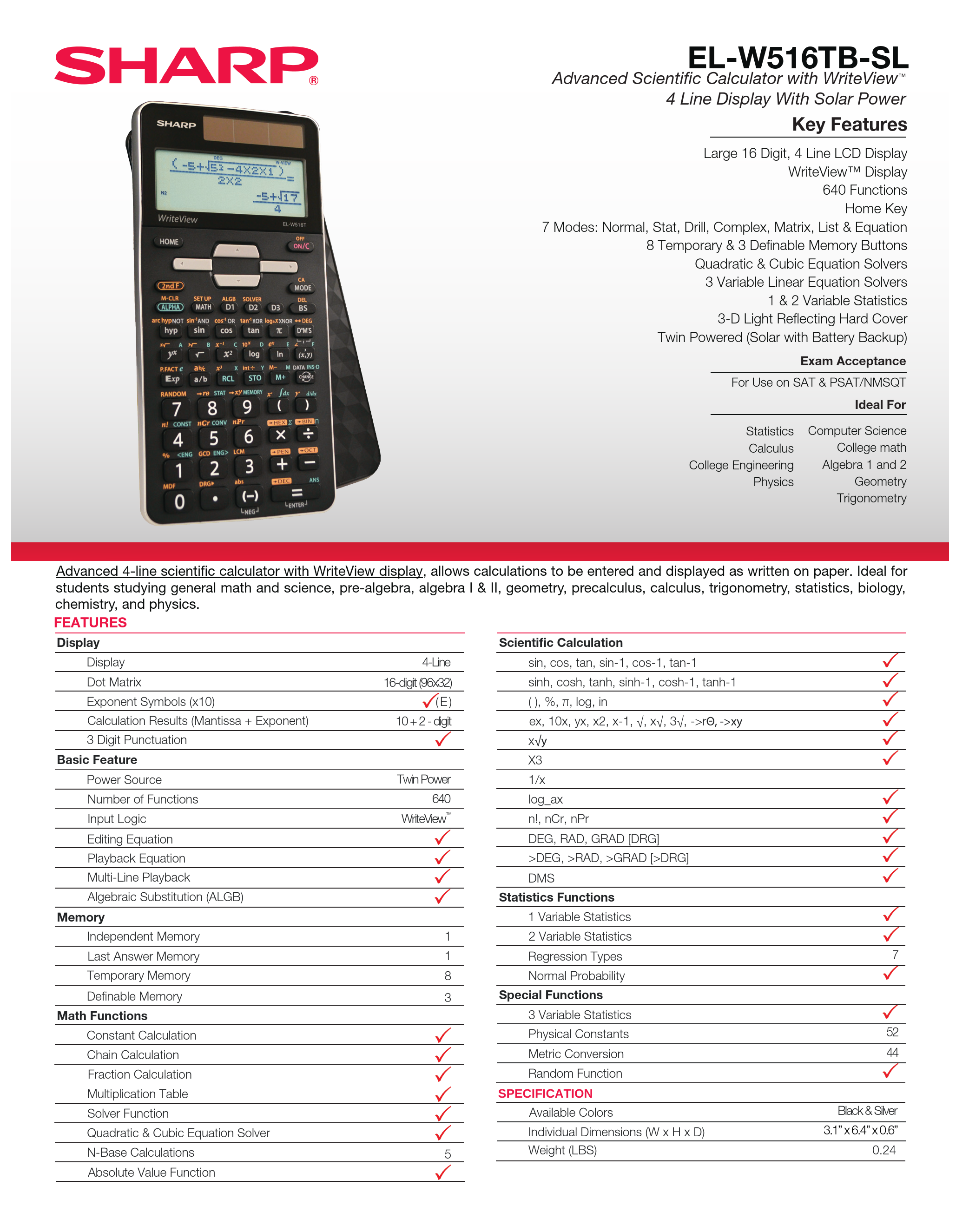 Scientific Calculator - Sharp EL-W516T