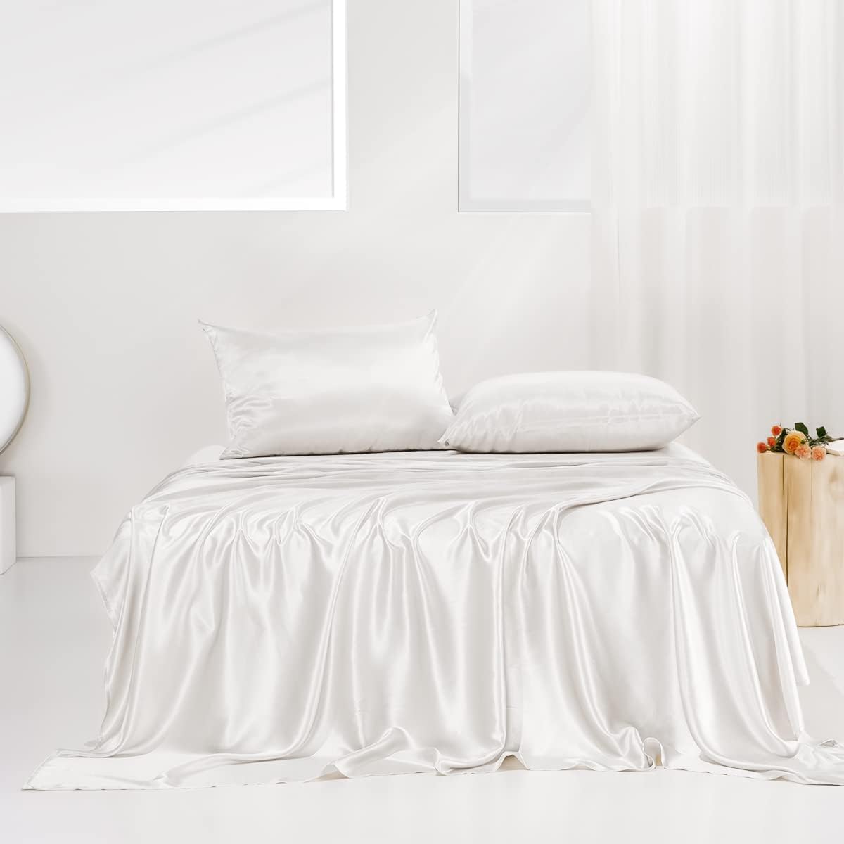 Silk Bed Sheet Set - Double - 4 Piece - White