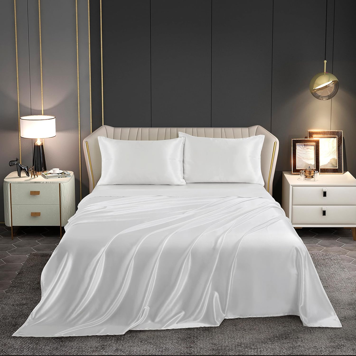 Silk Bed Sheet Set - King - 4 Piece - White
