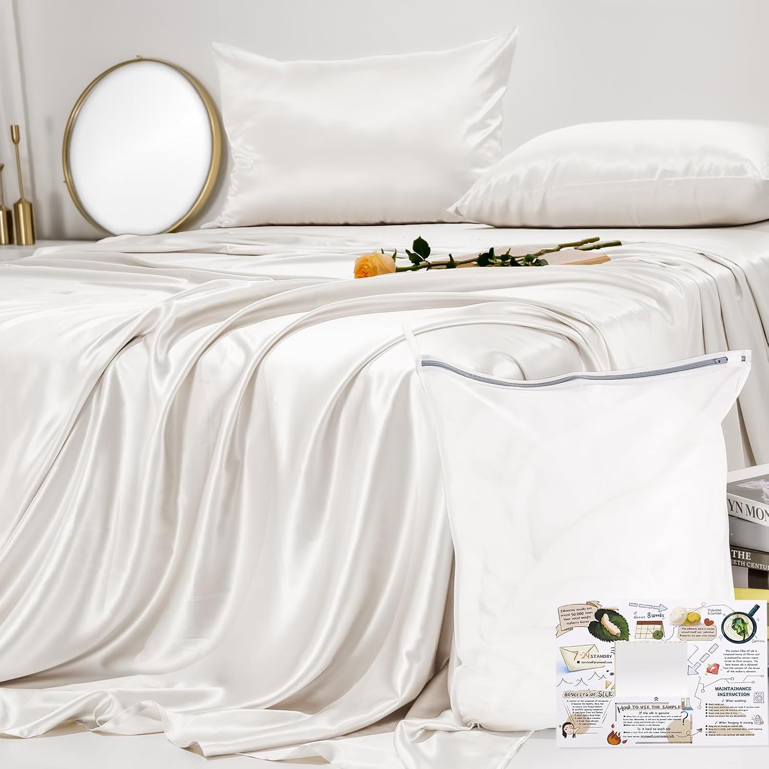 Silk Bed Sheet Set - King - 4 Piece - White