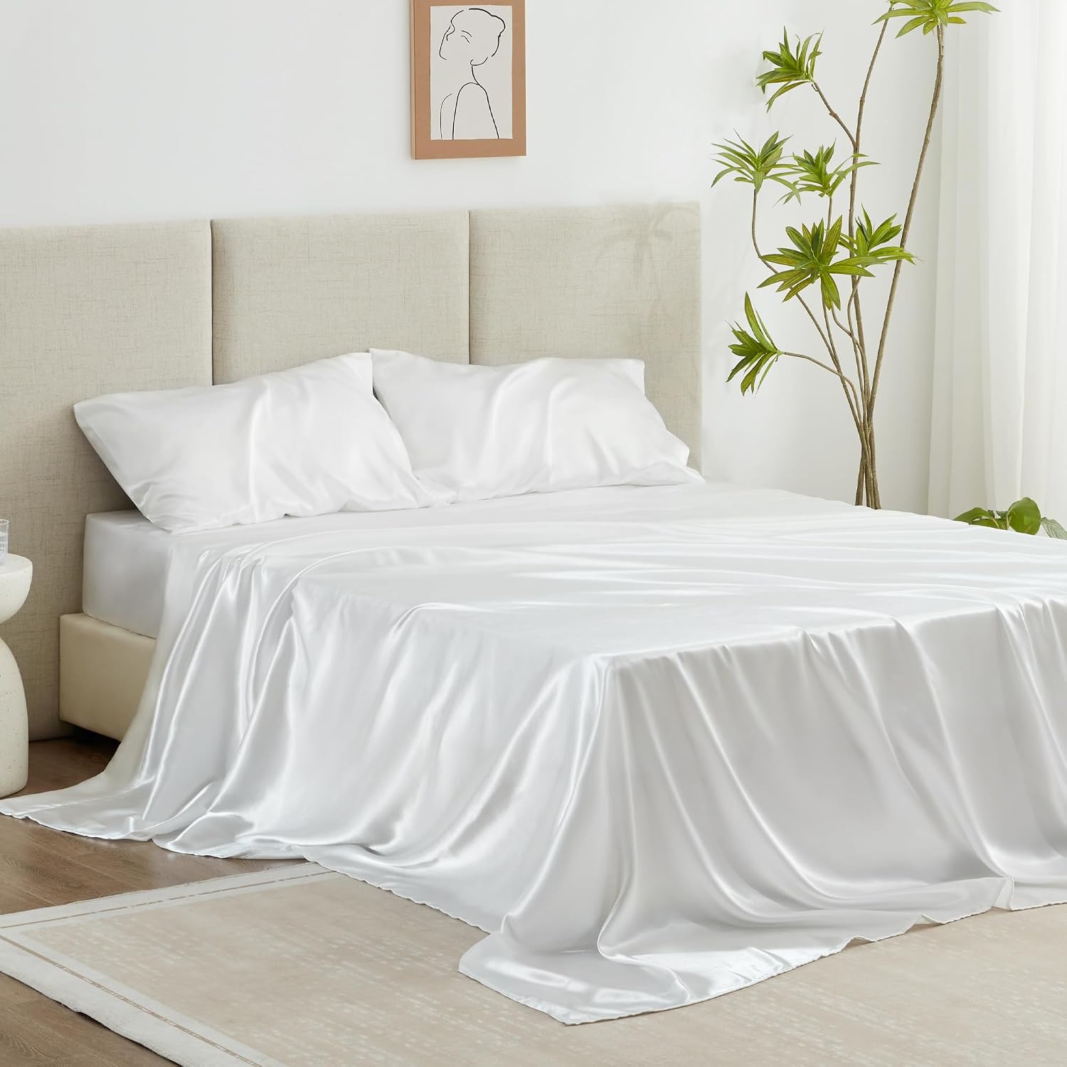 Silk Bed Sheet Set - Queen - 4 Piece - White