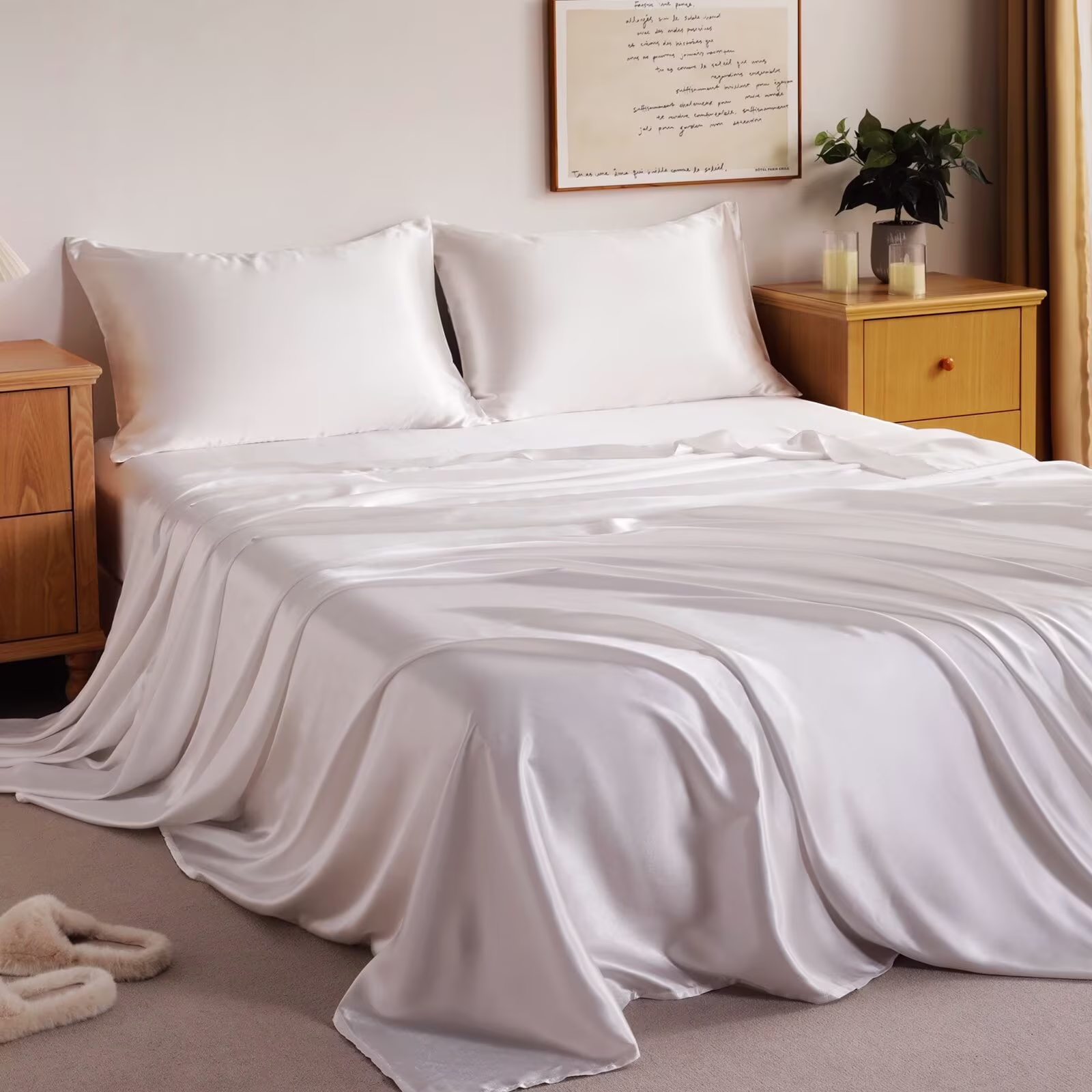 Silk Bed Sheet Set - Queen - 4 Piece - White
