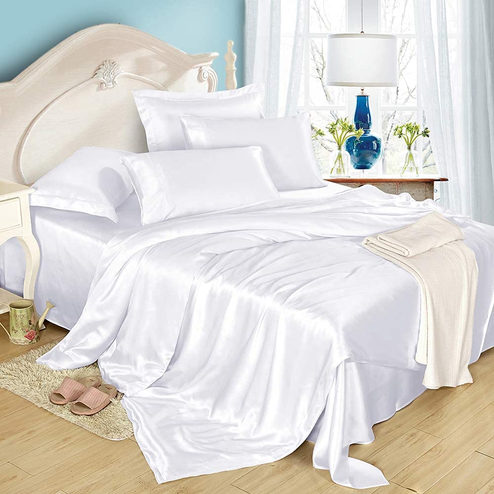 Silk Bed Sheet Set - Single - 4 Piece - White