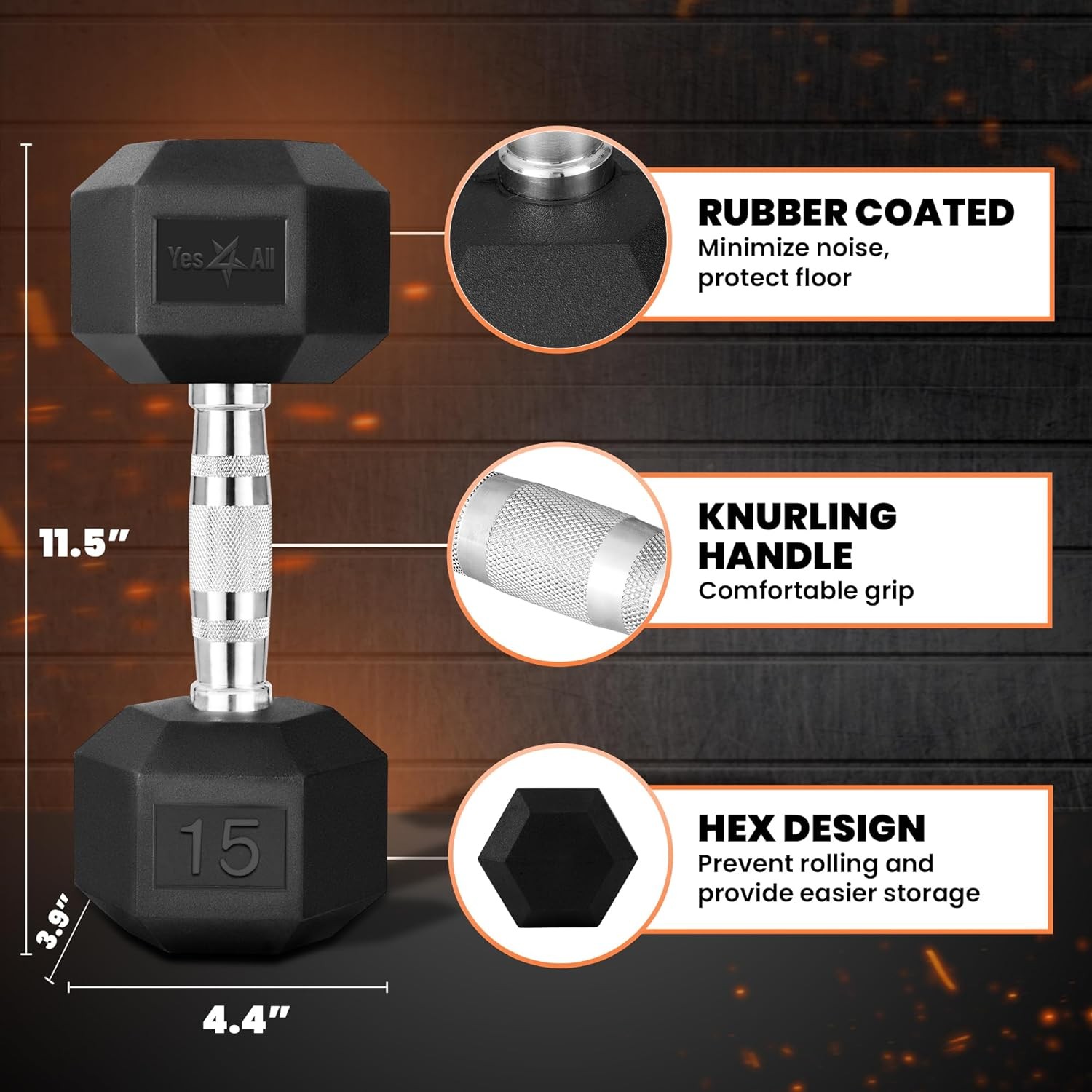 Yes4All Chrome Grip Encased Hex Dumbbells – Hand Weights With Anti-Slip 10-30 LBS Single