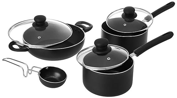 ten-piece aluminum cookware set with purple handles
