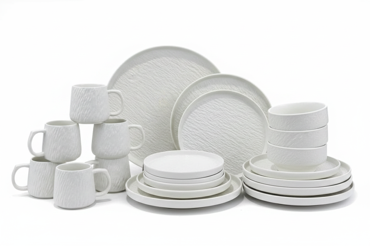 24-Piece Textured White Ceramic Dinner Set