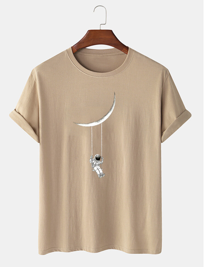 Mens Cartoon Astronaut Print Cotton Daily Loose O-Neck T-Shirts