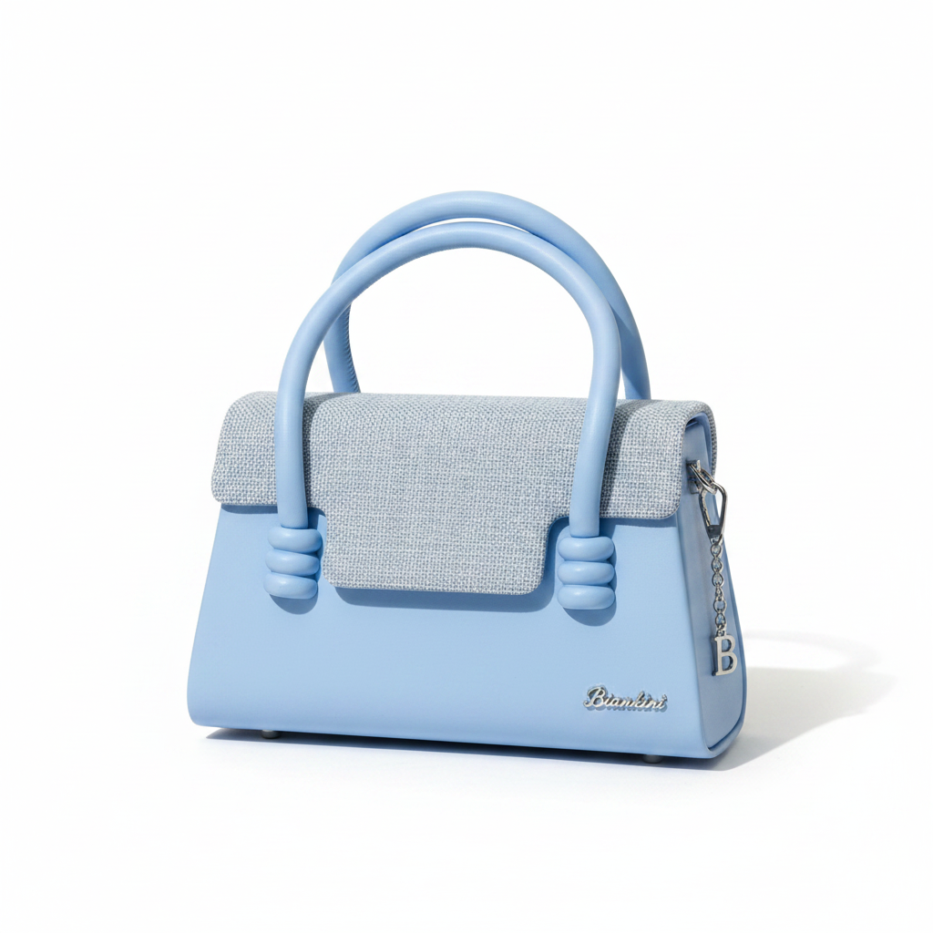 Biankini Mini Top Handle Bag | Denim Tweed Flap | Tubular Arch Handle | Silver Hardware | Baby Blue | Women