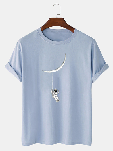 Mens Cartoon Astronaut Print Cotton Daily Loose O-Neck T-Shirts