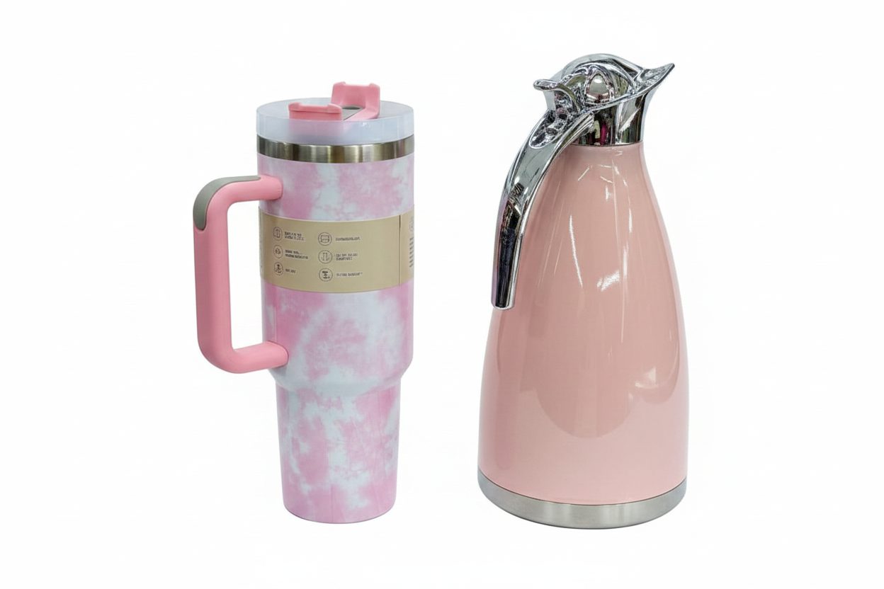 Stanley Cup & Stainless Steel Flask Combo – Pink Marble | Tumbler with Straw + Vacuum Flask