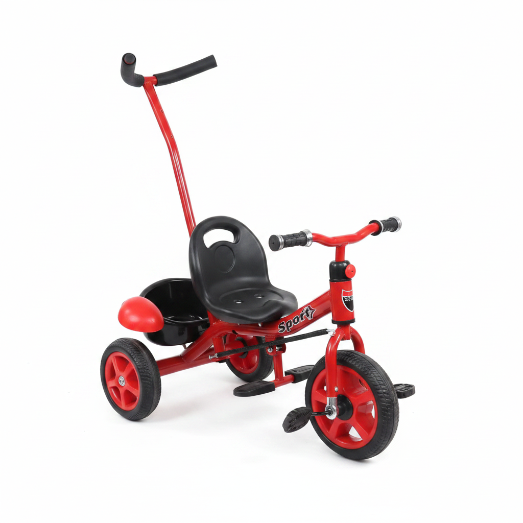 Kids Sport Tricycle | Parent Push Handle | Steering Wheel | Storage Basket - Red & Black