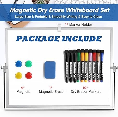 Dry Erase White Board, 16"X12" Double-Sided Magnetic Whiteboard with 10 Markers, 4 Magnets, 1 Eraser, Small White Board with Stand, White Board Easel for Kids Drawing Memo to Do List Wall School