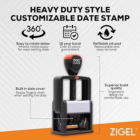 ZIGEL Heavy Duty Style Self Inking Date Stamp with Received - Style A - Red Ink