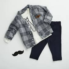 2 Piece Baby Boy Suit: Plaid Coat, T- Shirt & Trouser - Navy Blue, Cream & Black
