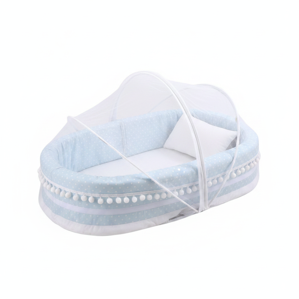 Baby Mosquito Net Bed | Portable Bassinet | Pillow Included | Pom-Pom Trim - Blue