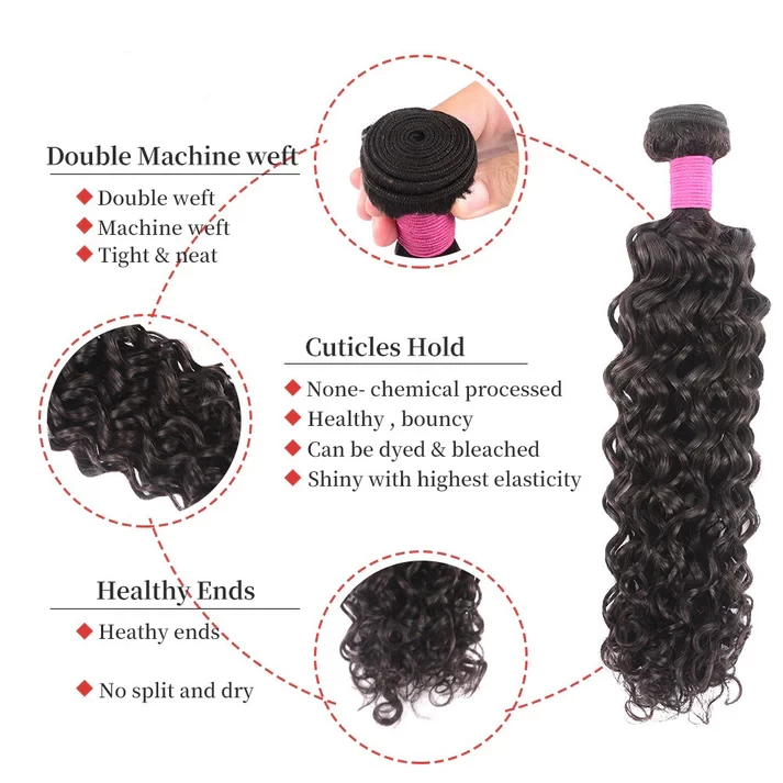 Virgin Malaysian Water Wave Grade 10A Human Hair, Color 1B Natural