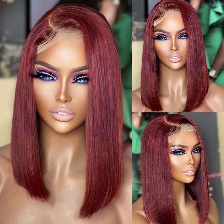Silky Straight Glueless Short Bob 13x4 HD Lace Front Human Hair Wig, Color 99J