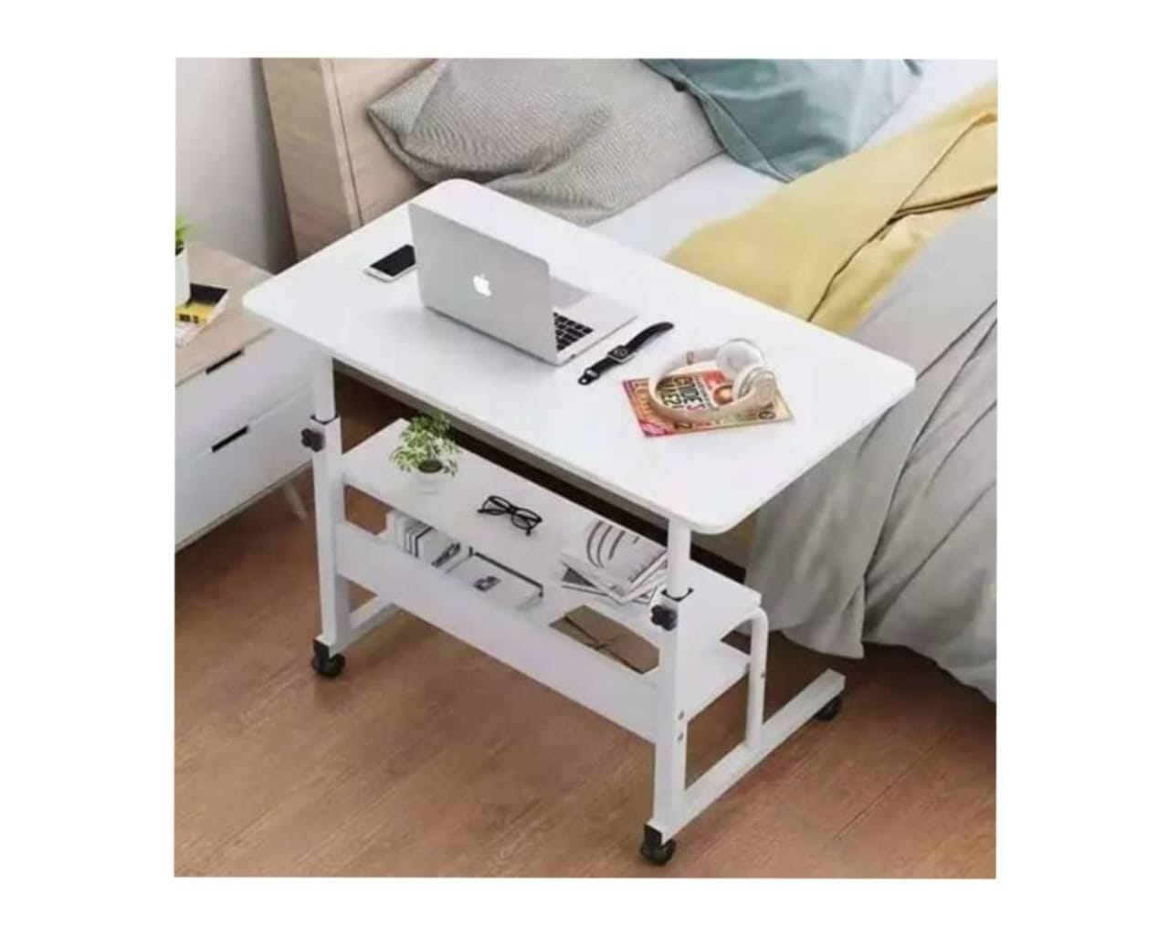 Adjustable Laptop Desk with 2 Shelves with Wheels - white