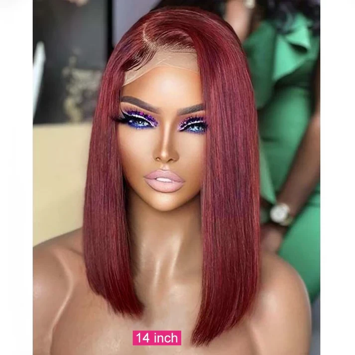 Silky Straight Glueless Short Bob 13x4 HD Lace Front Human Hair Wig, Color 99J