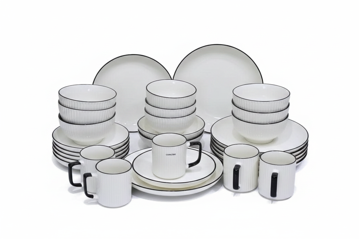 24-Piece Ceramic Dinner Set — White with Black Trim