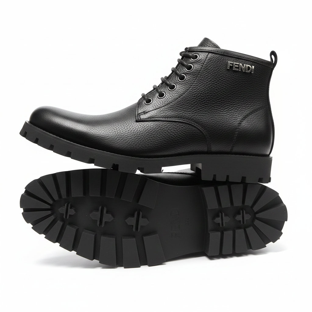 Fendi Men's Pebbled Leather Lug-Sole Ankle Boots – Black