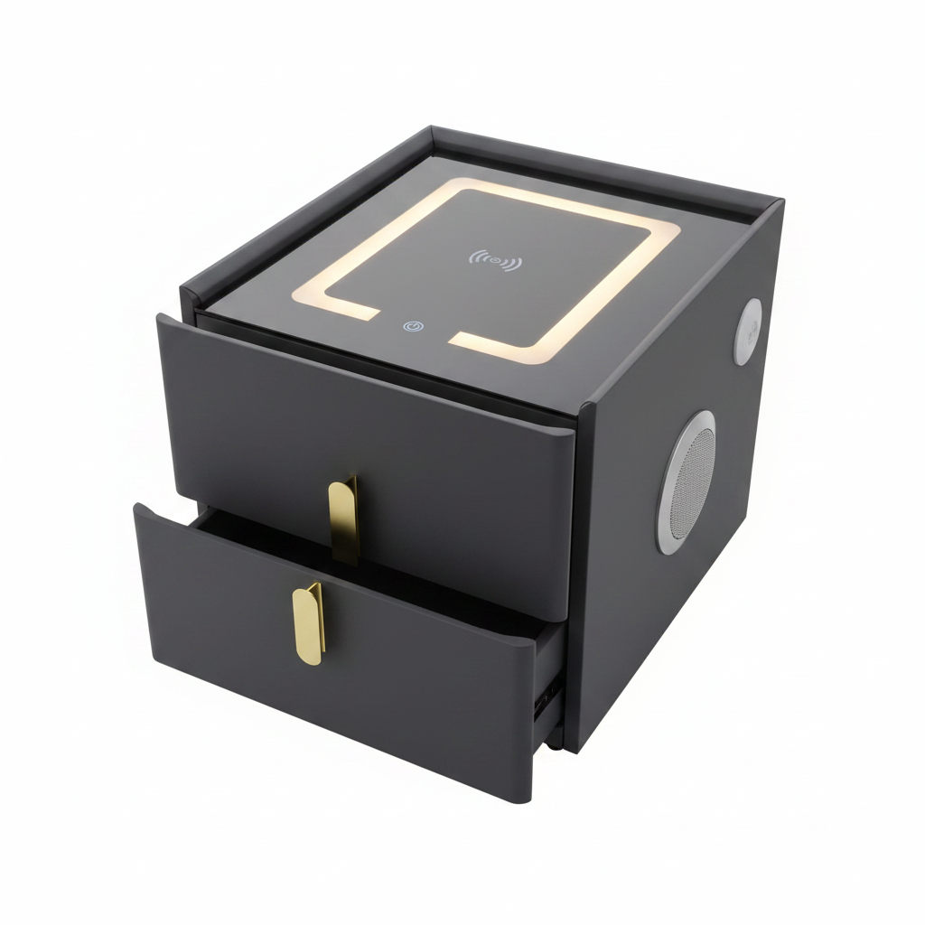 Smart Bedside Table with Bluetooth Speakers, Wireless Charger, LED Lights & Storage