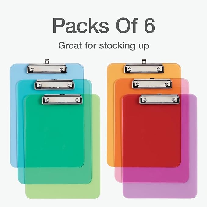 Oxford Assorted Plastic Clipboards with Metal Clip, 6-Pack, 12.5" x 9" (25402)