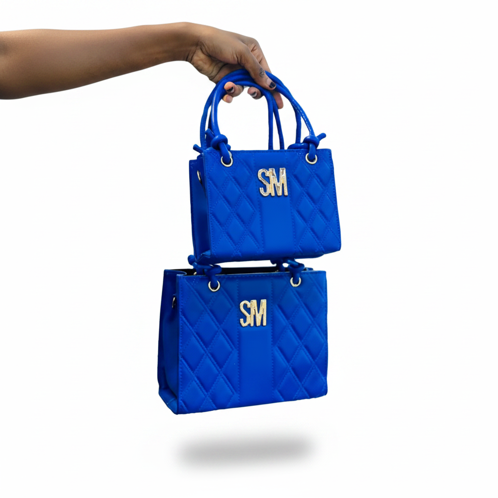 SM Quilted Tote Bag | 2-Piece Set (Small + Large) | Gold Logo | Knotted Handles - Royal Blue