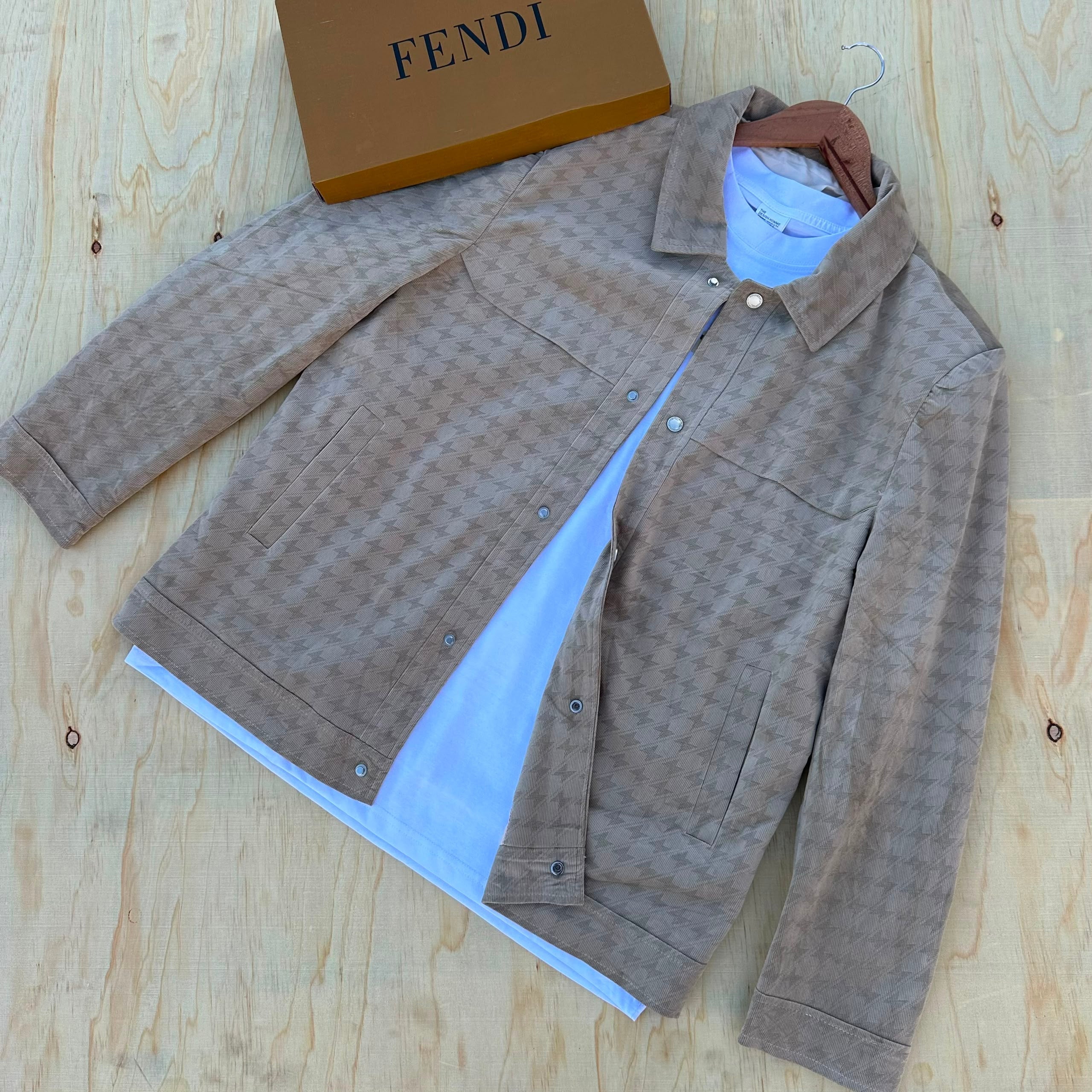 Men's Beige Houndstooth Overshirt Jacket