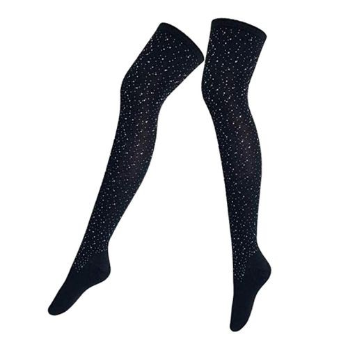 Womens Cotton Stripe Tube Over Knee Thigh High Stockings Shiny Black