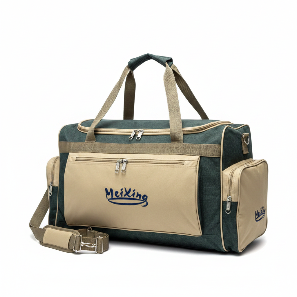 MeiXing Travel Duffel Bag | Multi-Pocket | Adjustable Strap | Lightweight - Khaki & Navy