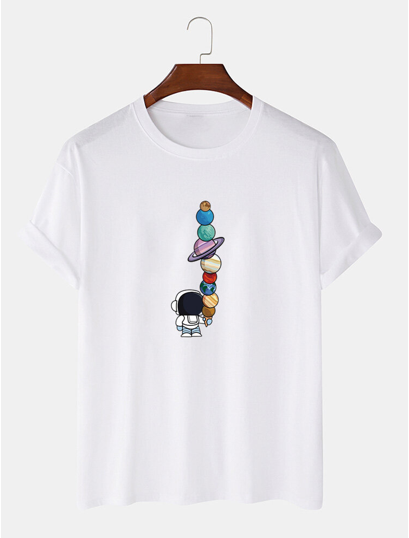 Mens 100% Cotton Solid Color Cartoon Astronaut Print Loose Thin T-Shirts