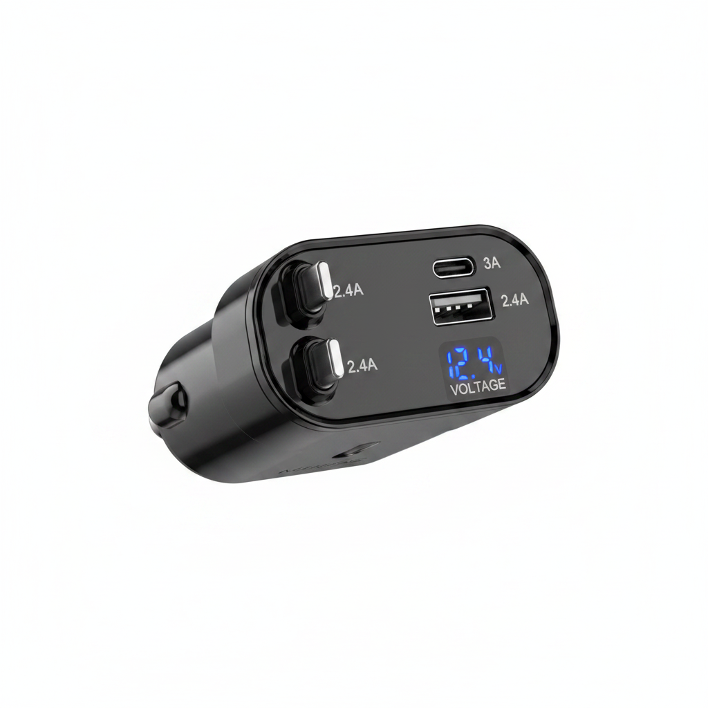 Multi-Port Car Charger | USB-C 3A + Dual USB 2.4A | Voltage Display | Fast Charging