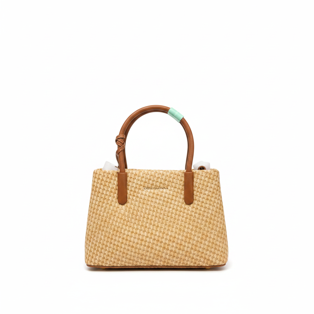 Christina&OLK Woven Houndstooth Mini Tote | Gold Logo | Leather Handles - Beige