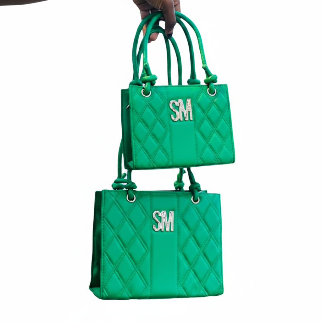 SM Quilted Tote Bag | 2-Piece Set (Small + Large) | Gold Logo | Knotted Handles - Green